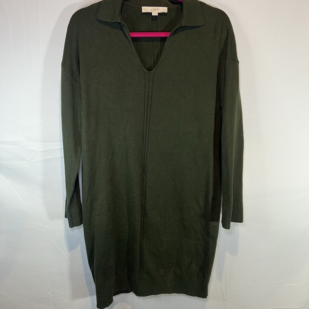 LOFT Rib Trim Collared Mini Sweater Dress Size Small‎ Dark Caper Green